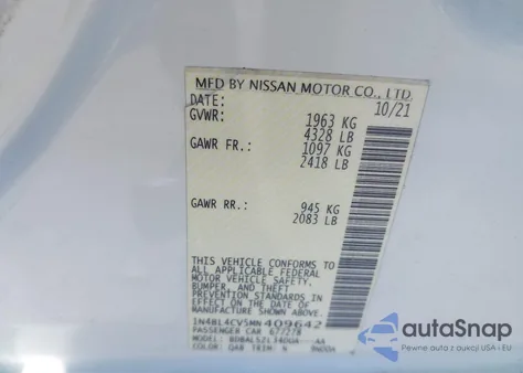 2021 Nissan Altima Sr Fwd from USA, damaged, VIN 1N4BL4CV5MN409642